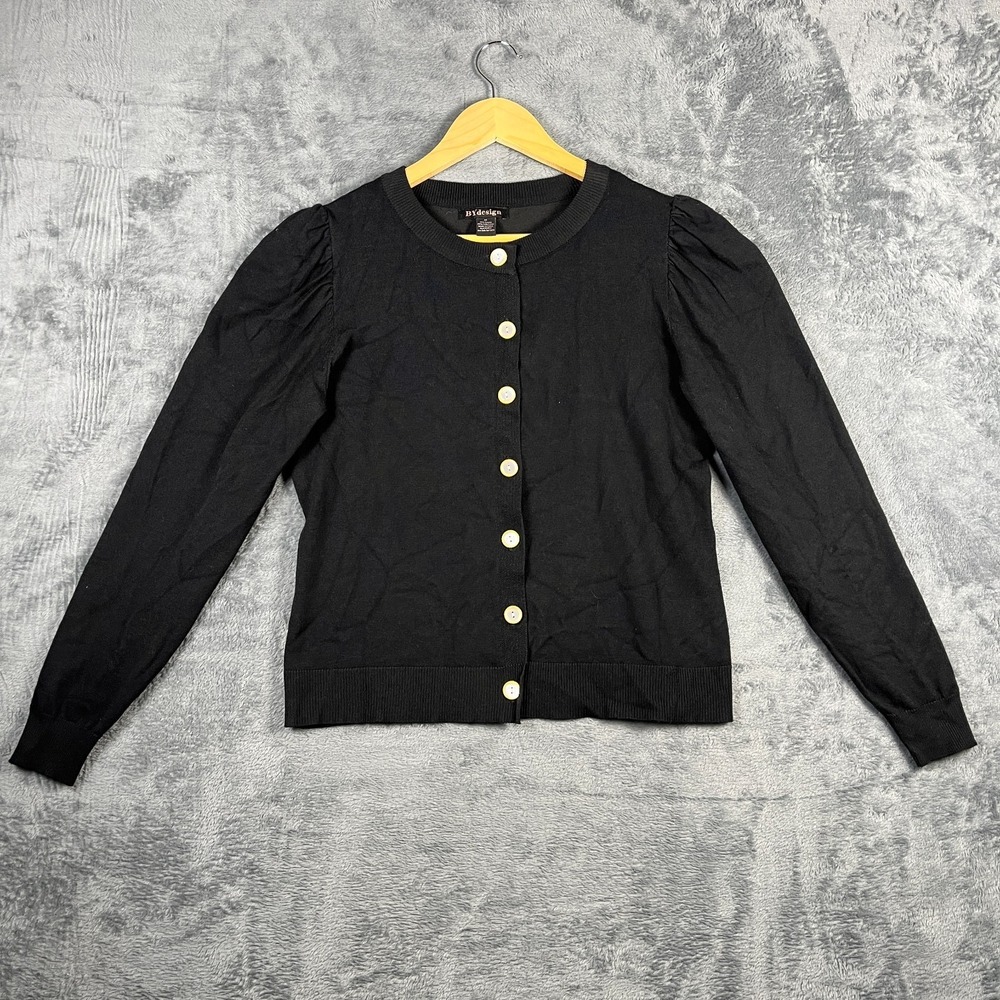 BY Design Cardigan Sweater Womens Medium Black Puff Sleeve Ribbed Button Front